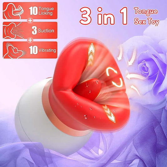 3 In 1 Rose Tongue-licking & Suction Vibrator showcasing multiple modes for enhanced pleasure.