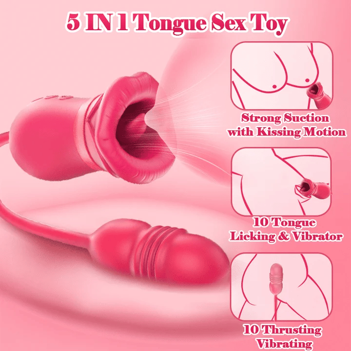 Big Mouth Rose Tongue Vibrator With Thrusting Dildo features 5 in 1 sensations including suction and thrusting.