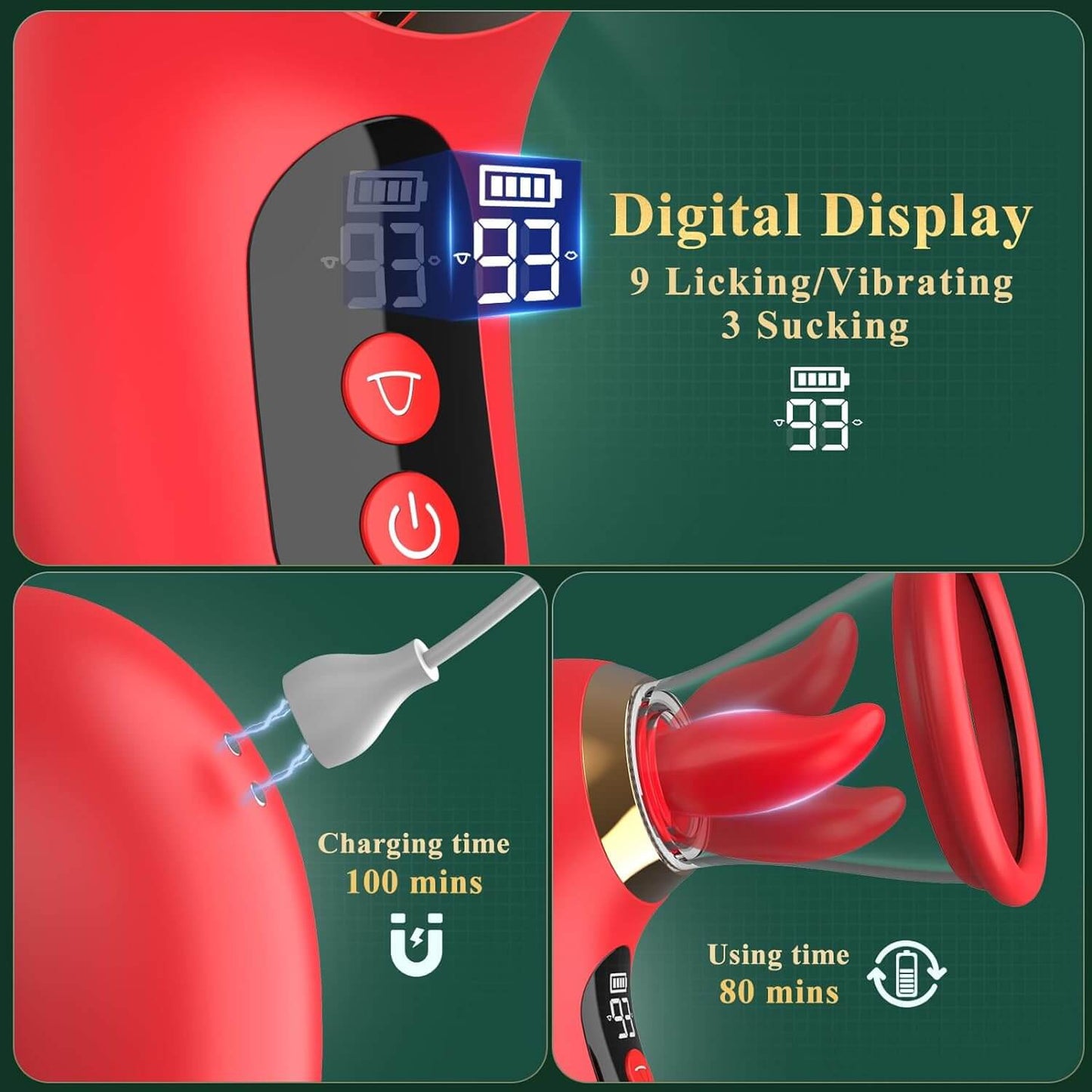 5IN1 Sucking Vibrator Rose Sex Toy, 3 Sucking with digital display and charging details
