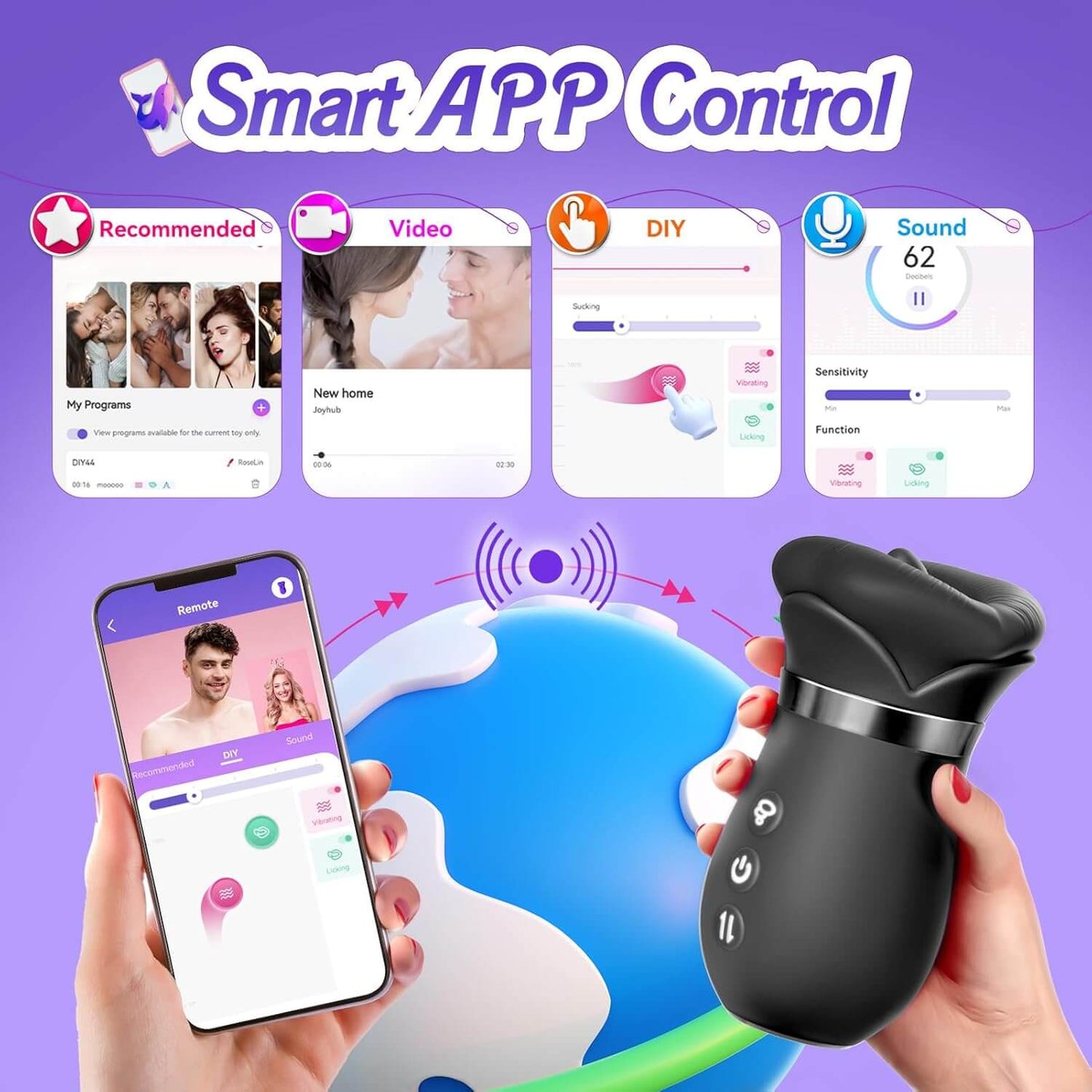 5IN1 Mouth Sucking Vibrator Rose Sex Toy, 10 Tongue Licking, New APP