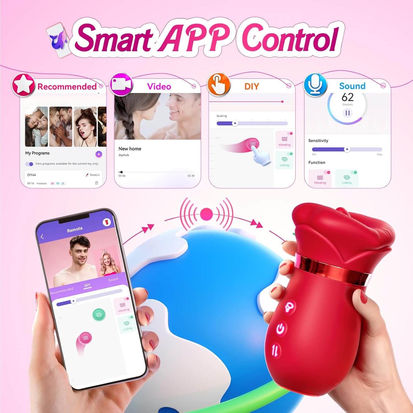 5IN1 Mouth Sucking Vibrator Rose Sex Toy, 10 Tongue Licking, New APP