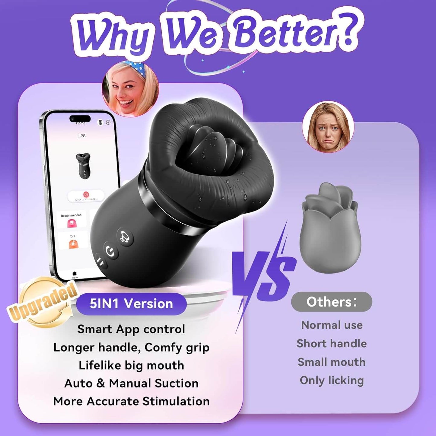 5IN1 Mouth Sucking Vibrator Rose Sex Toy, 10 Tongue Licking, New APP
