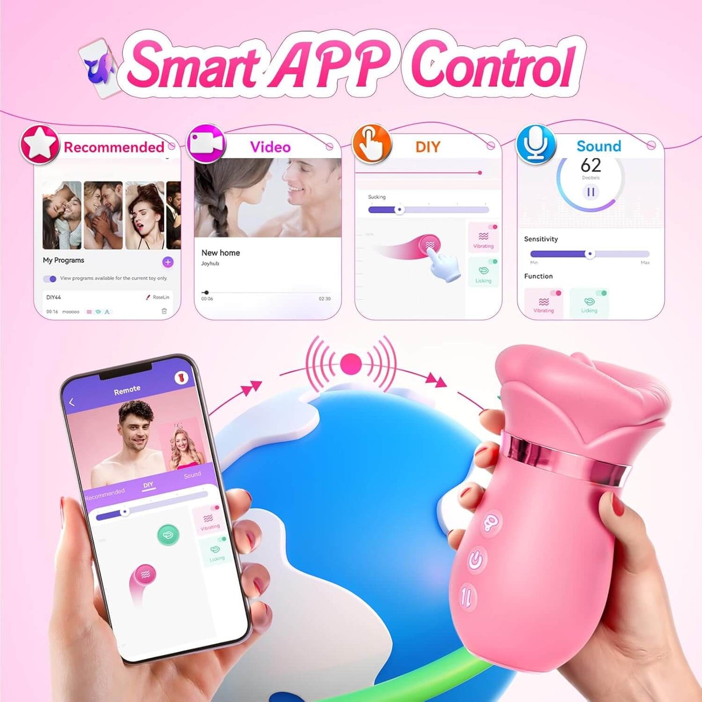 5IN1 Mouth Sucking Vibrator Rose Sex Toy, 10 Tongue Licking, New APP