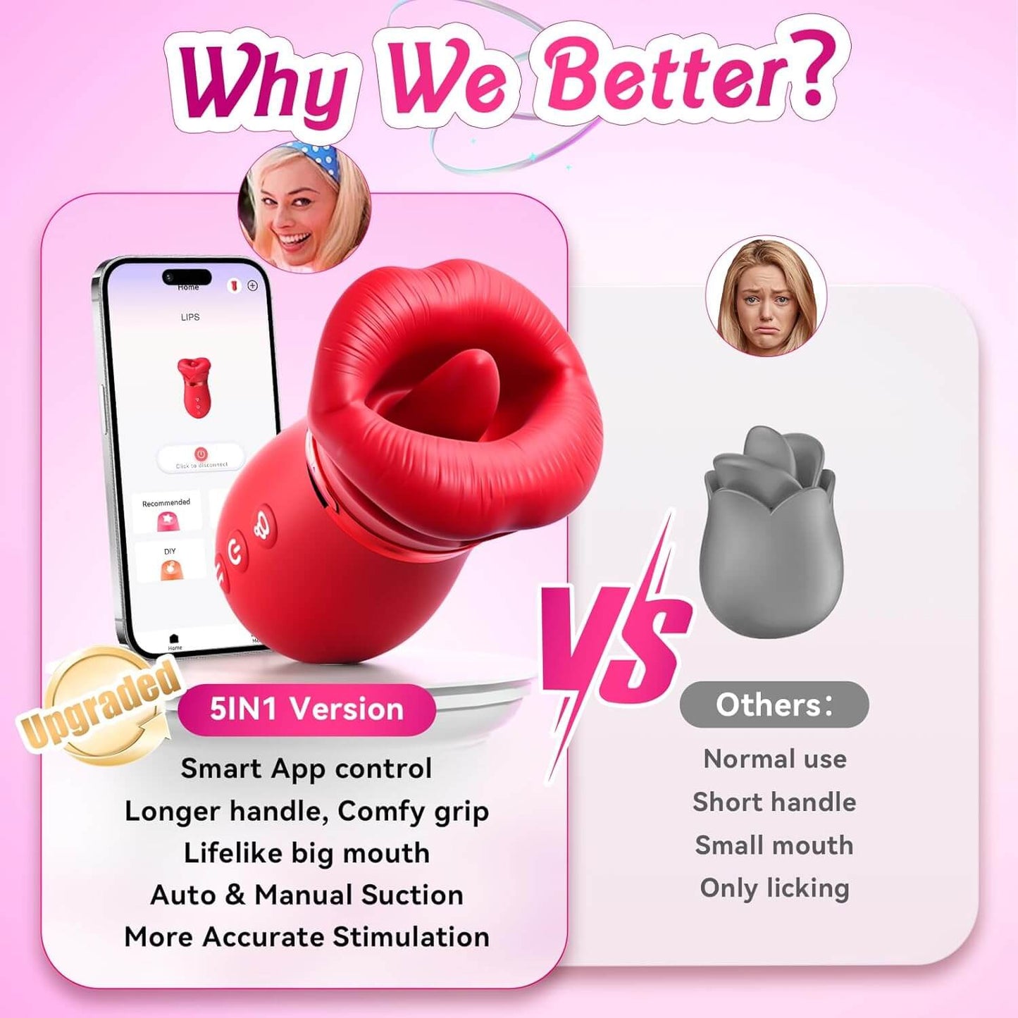 5IN1 Mouth Sucking Vibrator Rose Sex Toy, 10 Tongue Licking, New APP