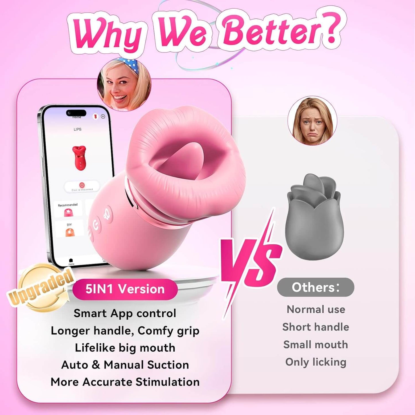5IN1 Mouth Sucking Vibrator Rose Sex Toy, 10 Tongue Licking, New APP