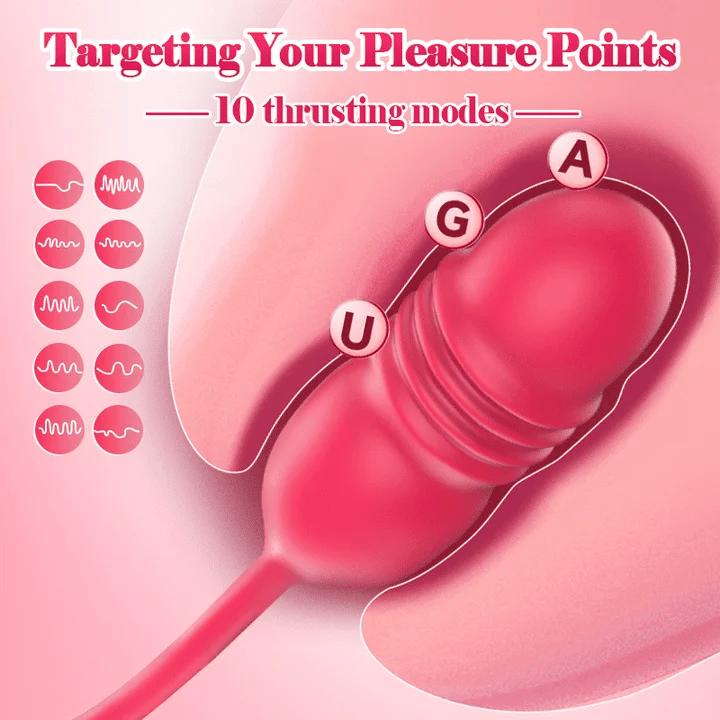Big Mouth Rose Tongue Vibrator With Thrusting Dildo showing 10 thrusting modes targeting pleasure points.