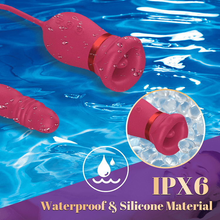 Big Mouth Rose Tongue Vibrator With Thrusting Dildo in waterproof silicone, showcasing features for enhanced pleasure.