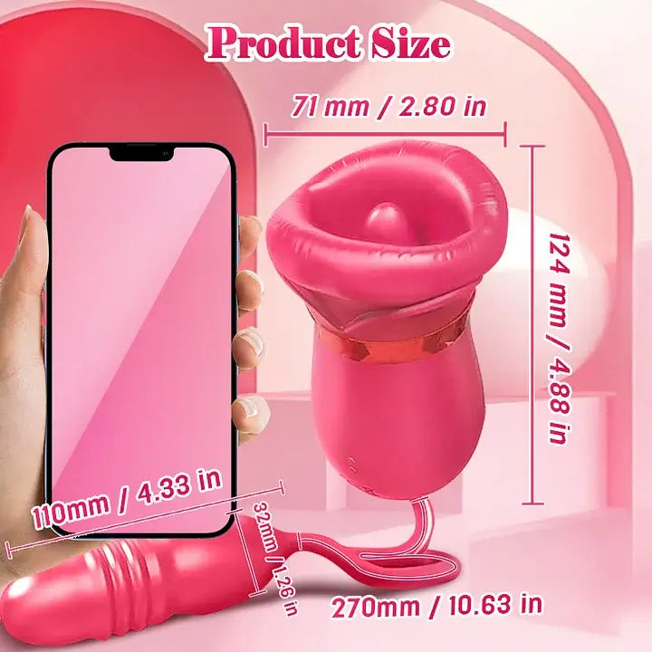 Big Mouth Rose Tongue Vibrator With Thrusting Dildo product size dimensions next to smartphone for comparison