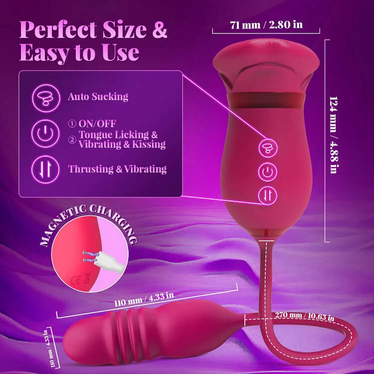 Big Mouth Rose Tongue Vibrator With Thrusting Dildo features auto sucking, tongue licking, and thrusting functions.
