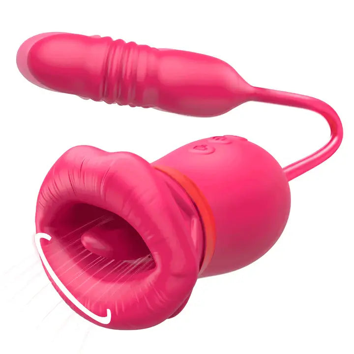 Big Mouth Rose Tongue Vibrator With Thrusting Dildo in vibrant pink color showcasing innovative oral suction features.