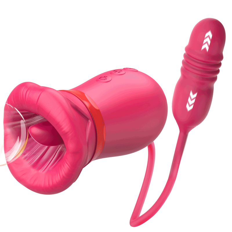 Big Mouth Rose Tongue Vibrator With Thrusting Dildo, a pink rose vibrator with oral suction and thrusting feature.