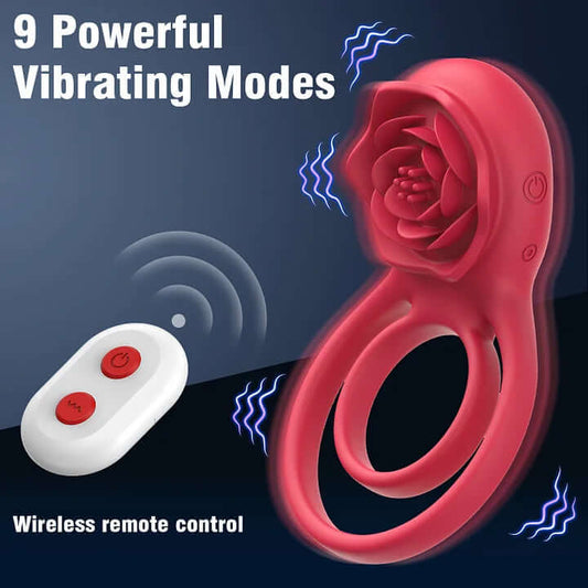 Cock Ring With Rose Clit Vibrator for Couples in red, featuring 9 powerful vibrating modes and a wireless remote control.