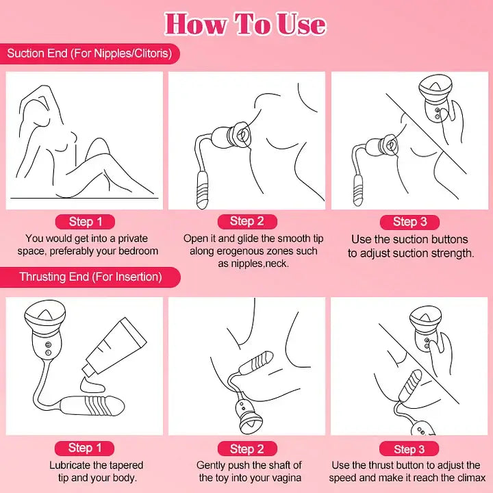 How to use Big Mouth Rose Tongue Vibrator With Thrusting Dildo instructions for suction and thrusting features.