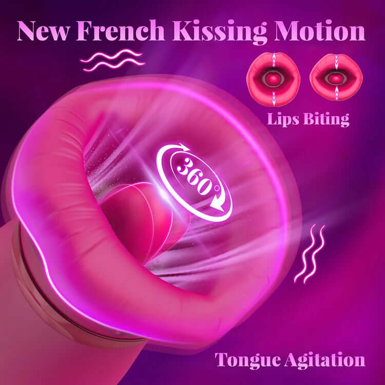 Big Mouth Rose Tongue Vibrator With Thrusting Dildo showcasing new French kissing motion and tongue agitation features.