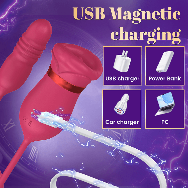 Big Mouth Rose Tongue Vibrator With Thrusting Dildo showcasing USB magnetic charging options.