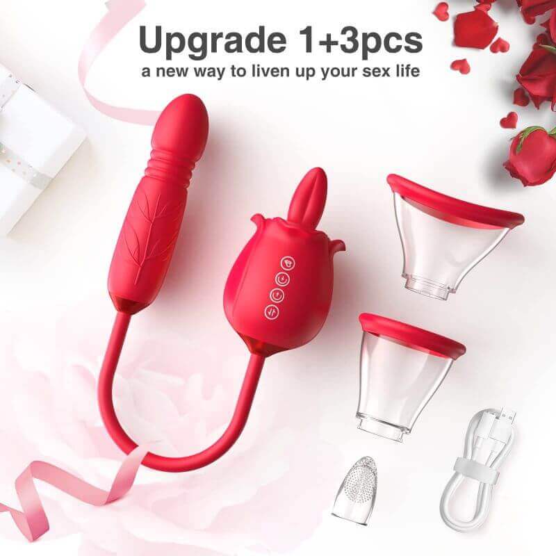 Rose Sex Toy for Women | 3 in 1 Rose Sex Stimulator with 7 Tongue Licking & 3 Thrusting Vibrator Dildo
