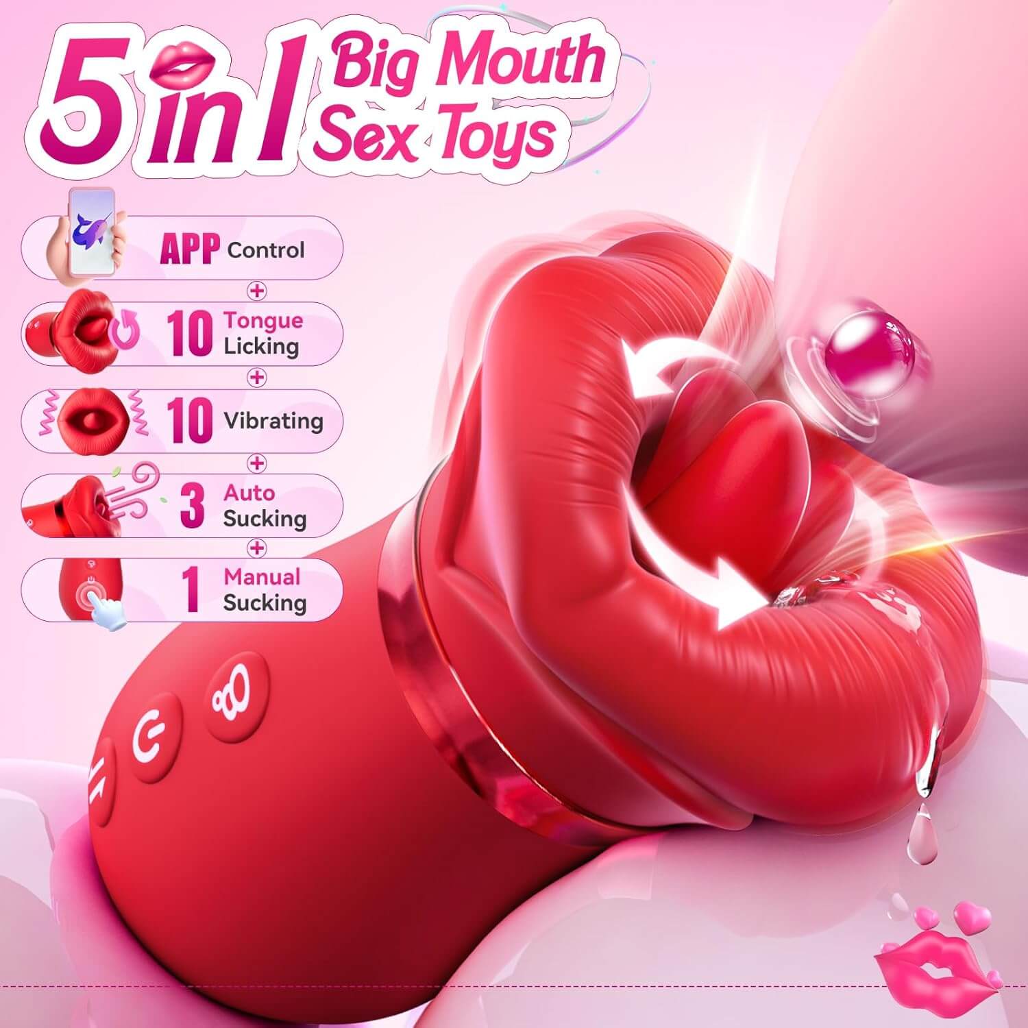 5IN1 Mouth Rose Sucking Vibrator Rose Sex Toy, 10 Tongue Licking, New APP with ergonomic design and lifelike lip texture.
