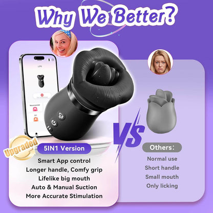 5IN1 Mouth Sucking Vibrator Rose Sex Toy, 10 Tongue Licking, New APP
