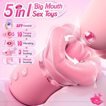 5IN1 Mouth Sucking Vibrator Rose Sex Toy, 10 Tongue Licking, New APP