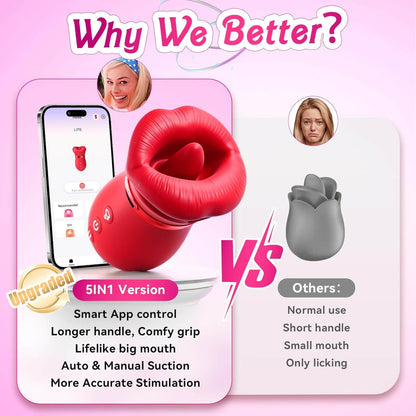 5IN1 Mouth Sucking Vibrator Rose Sex Toy, 10 Tongue Licking, New APP