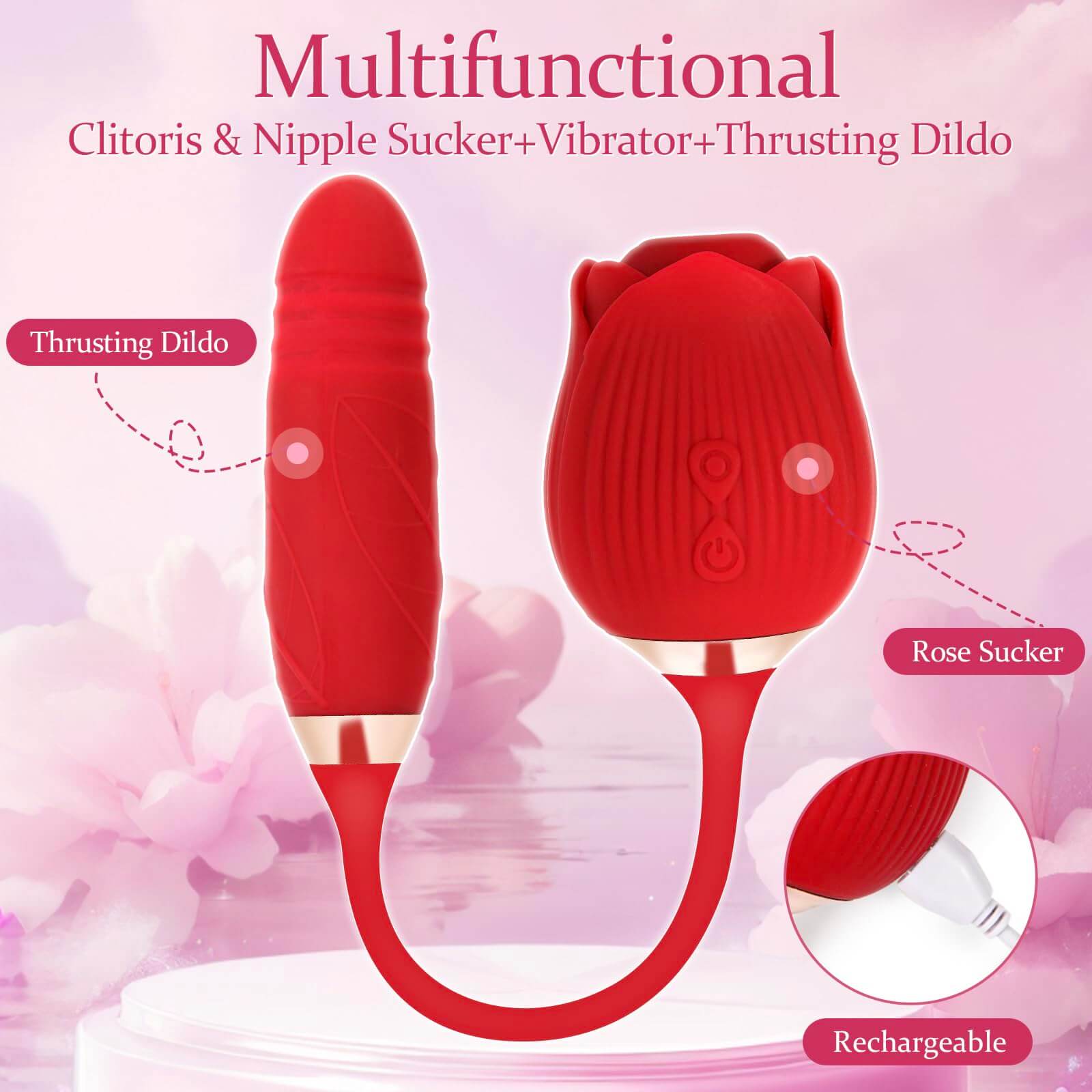 2-in-1 Rose Sex Toy - 10 Speeds Sucking & Vibration 2-in-1 Rose Sex Toy - 10 Speeds Sucking & Vibration