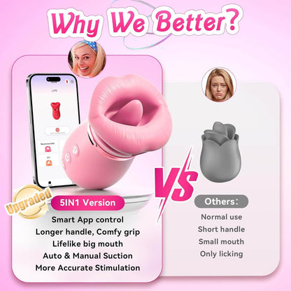 5IN1 Mouth Sucking Vibrator Rose Sex Toy, 10 Tongue Licking, New APP