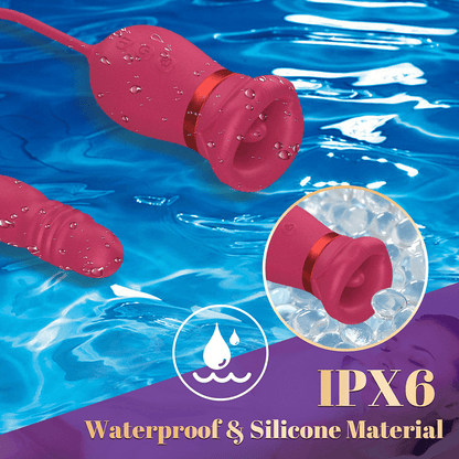 Big Mouth Rose Tongue Vibrator With Thrusting Dildo in waterproof silicone, showcasing features for enhanced pleasure.