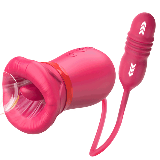 Big Mouth Rose Tongue Vibrator With Thrusting Dildo, a pink rose vibrator with oral suction and thrusting feature.