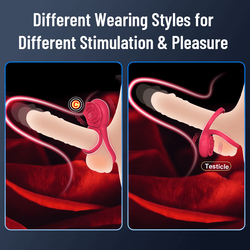 Cock Ring With Rose Clit Vibrator for Couples demonstrating different wearing styles for enhanced pleasure.