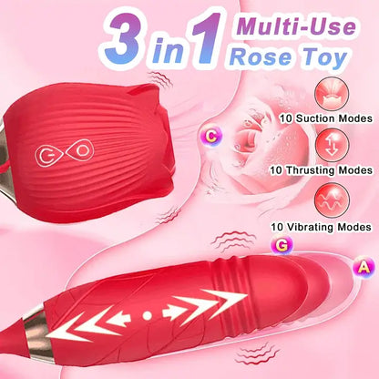 Rose Vibrator 2 in 1 Rose Toy With A Thrusting Dildo
