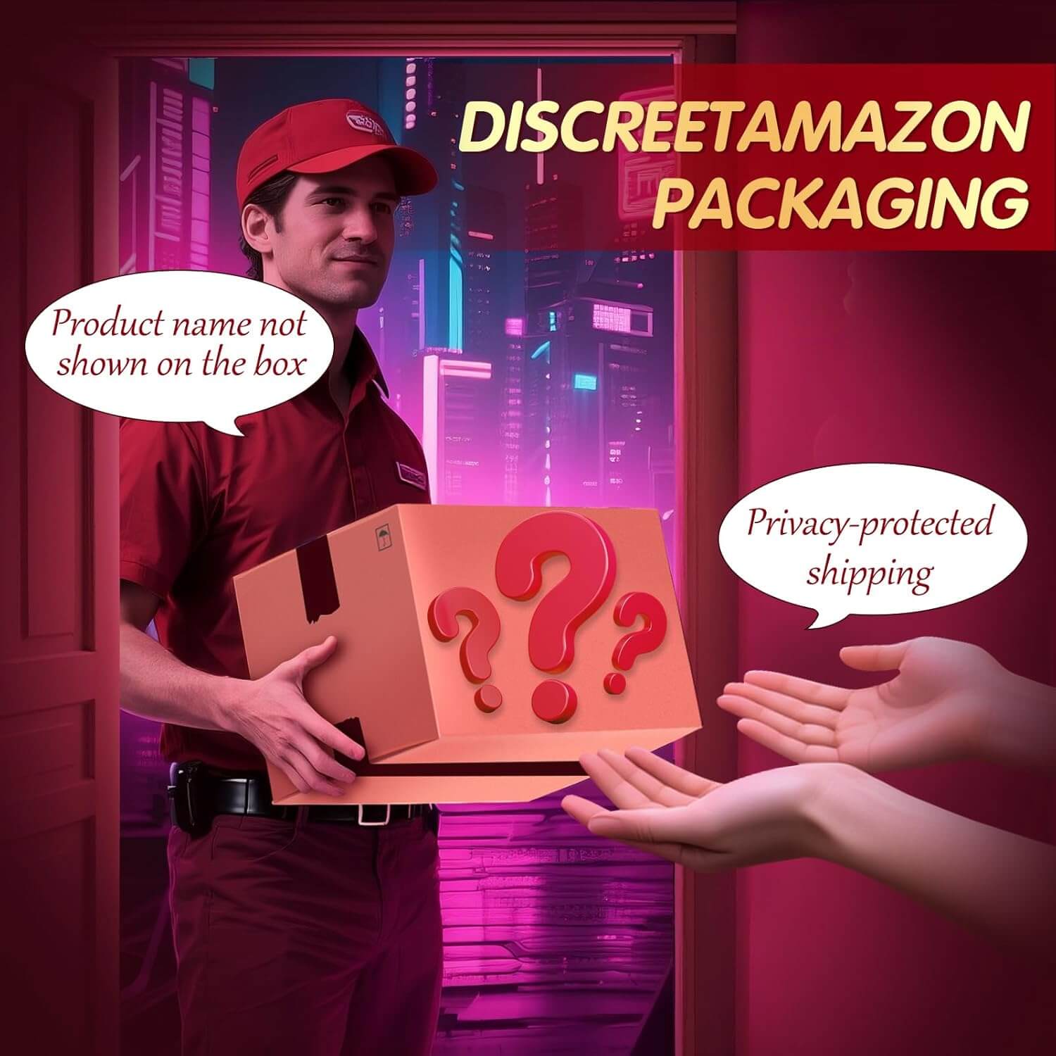 Delivery person holding discreet packaging with privacy-protected shipping label and product name not shown on box.
