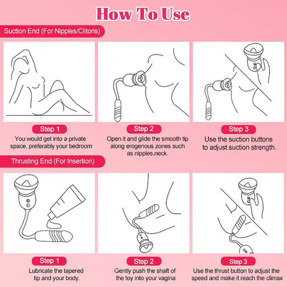 How to use Big Mouth Rose Tongue Vibrator With Thrusting Dildo instructions for suction and thrusting features.