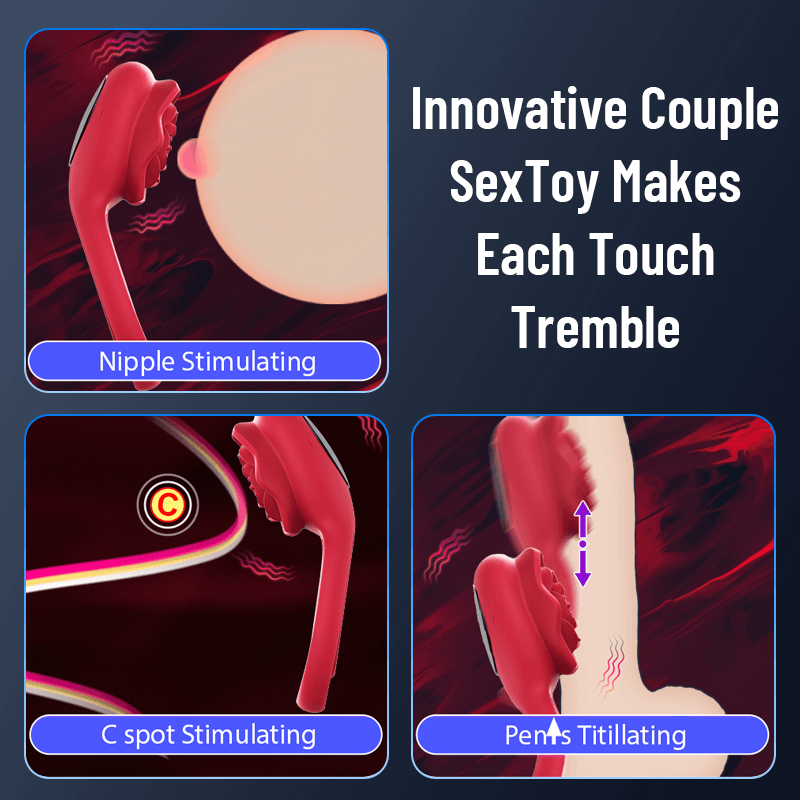 Cock Ring With Rose Clit Vibrator for Couples showcasing nipple, C spot, and pen*s stimulation features.