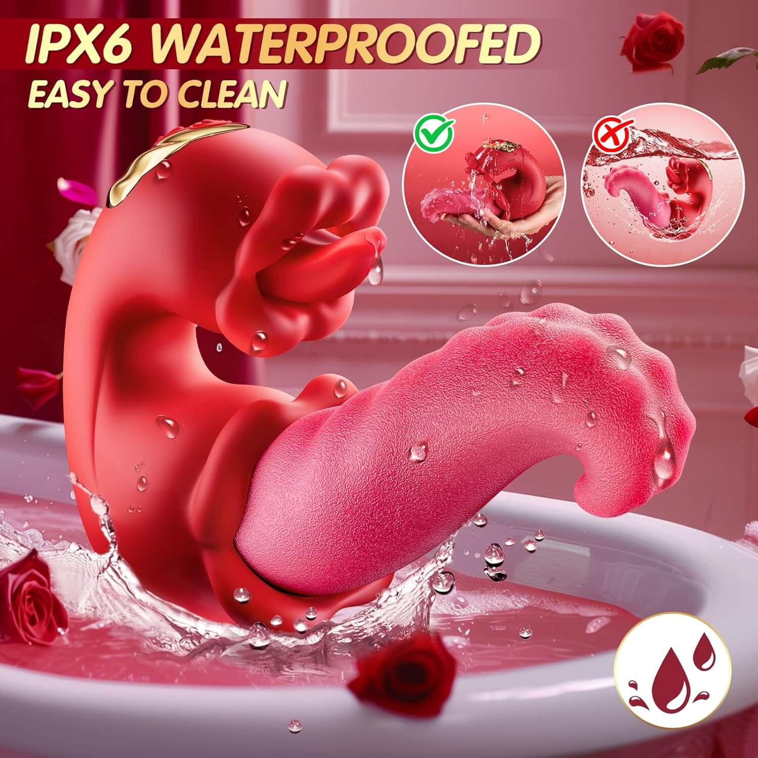 Rose Toy Sex Toys Tongue Vibrator for Women – 10 Licking Clitoral in a waterproof setting with clear cleaning instructions.