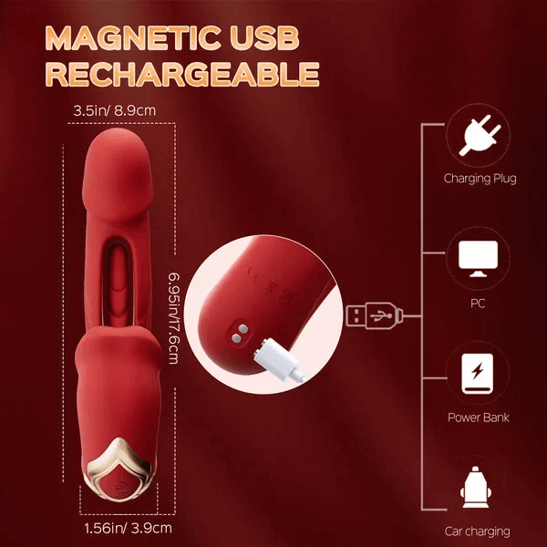 Rose Toy Tongue Licking Flapping Clit & G-spot vibrator in striking red with USB magnetic charging feature.