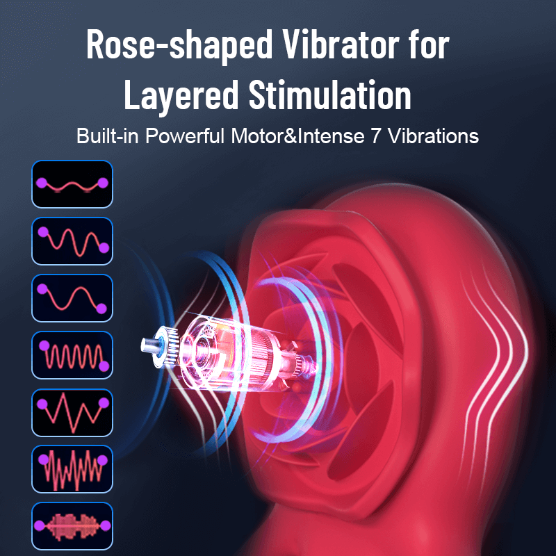 Cock Ring With Rose Clit Vibrator for Couples showcasing rose-shaped design and 7 vibration patterns.