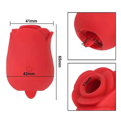 Rose Toy 3.0 With Tongue Clit Licker - red rose-shaped vibrator with detailed measurements for pleasure.