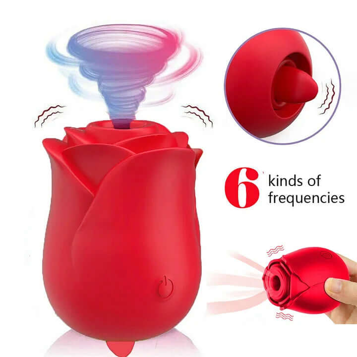 Rose Toy 3.0 With Tongue Clit Licker, red rose vibrator with 6 frequency settings and clitoral stimulation features.