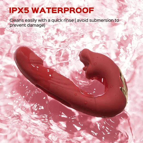 Rose Toy Tongue Licking Flapping Clit & G-spot vibrator displayed in waterproof features with cleaning instructions.