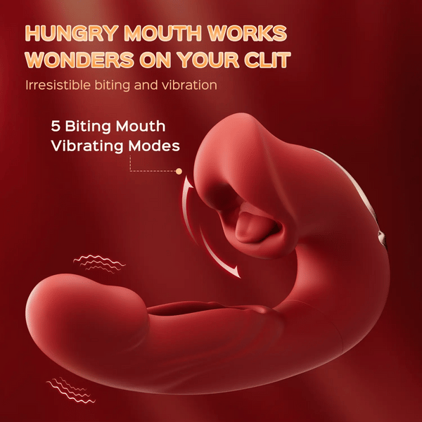 Rose Toy Tongue Licking Flapping Clit & G-spot vibrator with biting mouth and vibration features.