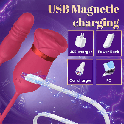 Big Mouth Rose Tongue Vibrator With Thrusting Dildo showcasing USB magnetic charging options.