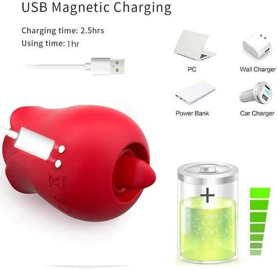 Rose Toy 3.0 With Tongue Clit Licker showing USB magnetic charging features and usage time.