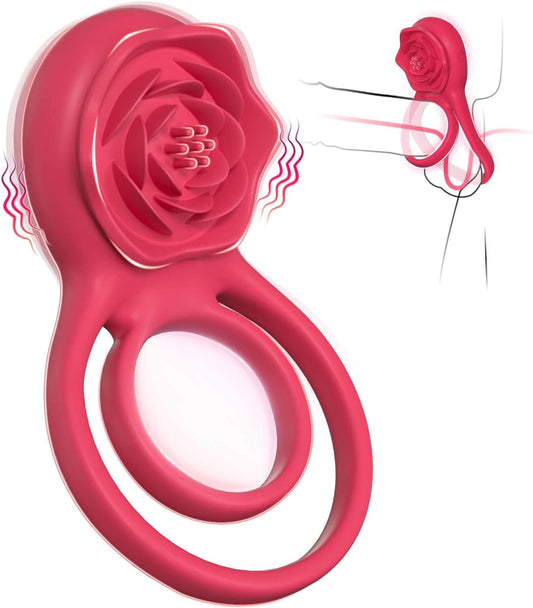 Vibrating Cock Ring with Rose Clitoral Stimulator for enhanced pleasure and layered stimulation, featuring a rose-shaped vibrator.