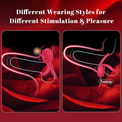 Vibrating Cock Ring with Rose Clitoral Stimulator showcasing different wearing styles for enhanced pleasure.