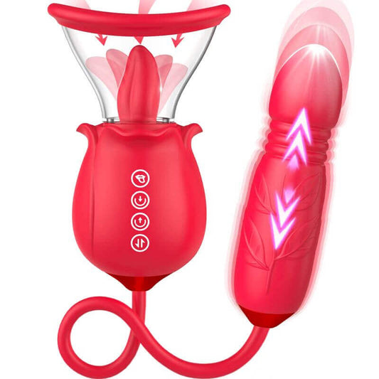 Rose Sex Toy for Women | 3 in 1 Rose Sex Stimulator with 7 Tongue Licking & 3 Thrusting Vibrator Dildo